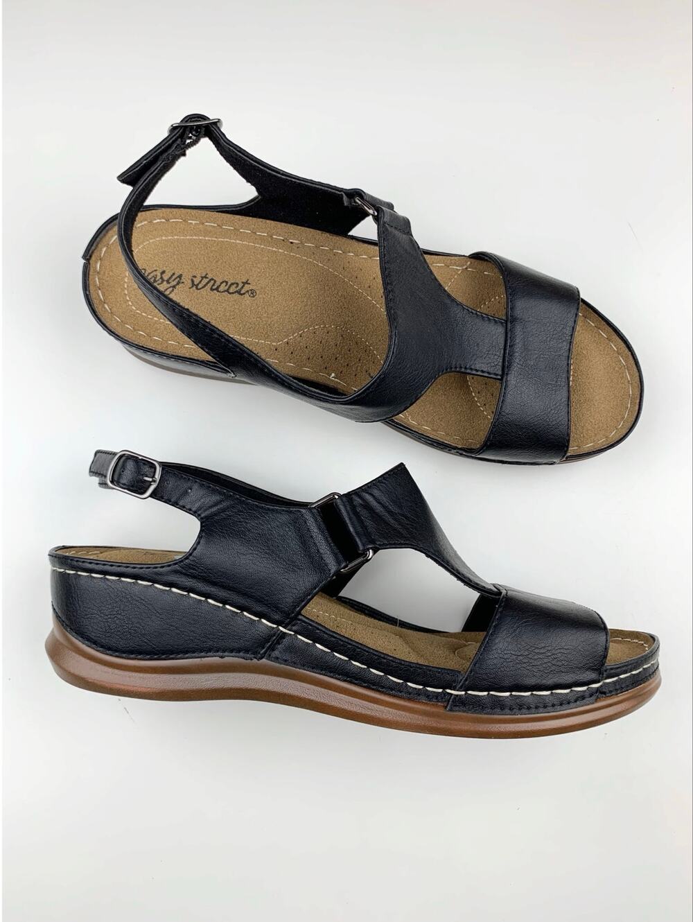 Easy Street Sandals Black Faux Leather Platform Comfort Women's 10 Wide Width
